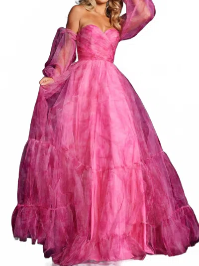 Jovani Print Long Sleeve A-line Gown In Fuchsia In Pink