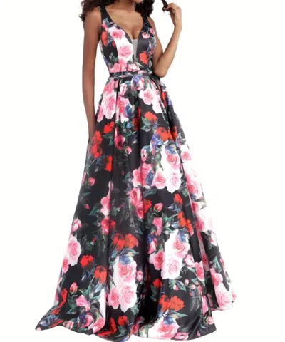 Jovani Printed A-line Ballgown In Black/floral In Multi