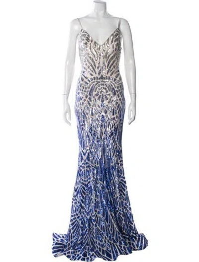 Pre-owned Jovani Printed Long Dress W/ Tags In Blue