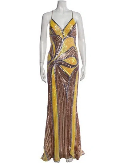Pre-owned Jovani Printed Long Dress In Yellow