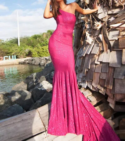 Jovani Prom Long One Shoulder Dress In Magenta In Pink