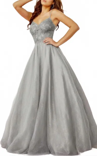 Jovani Prom Long Spaghetti Strap Metallic Ball Gown In Silver In Gray