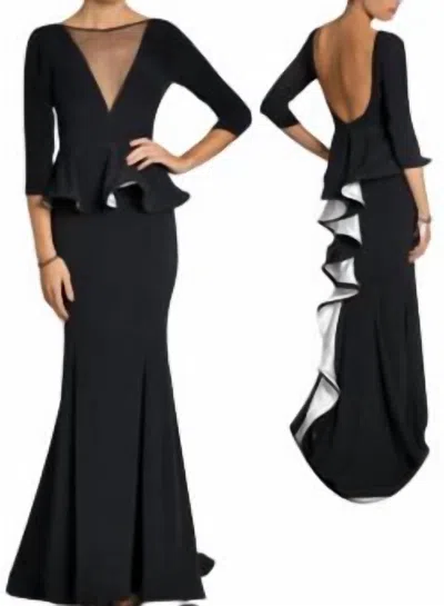 Jovani Quarter Sleeve Peplum Evening Gown In Black/white In Multi