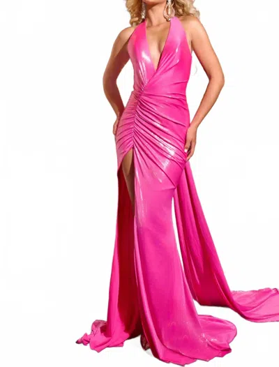 Jovani Ruched Satin Gown With Plunging Neckline In Hot Pink