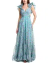 Jovani Ruffle Shoulder Chiffon Gown In Blue
