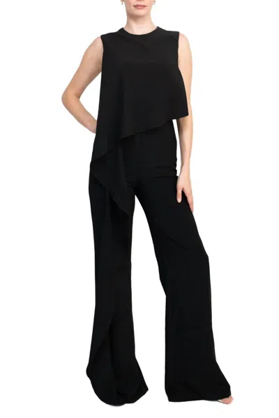 Jovani Ruffle Trim Sleeveless High Waist One-piece Crepe Jumpsuit In Black
