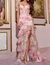 Jovani Ruffled Detail Floral Printed Prom Gown In Pink