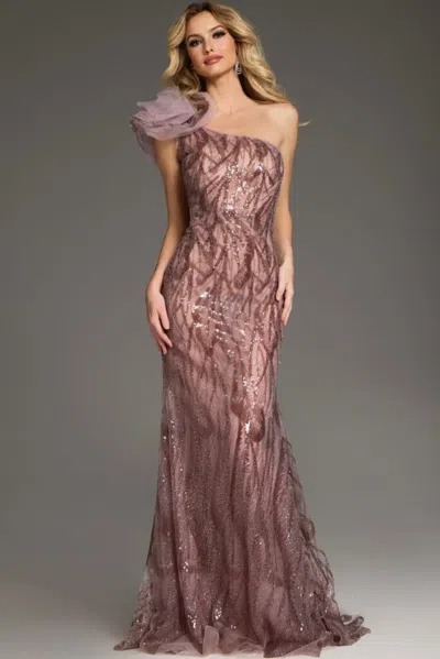 Jovani Ruffled One-shoulder Sequin Gown In Pink