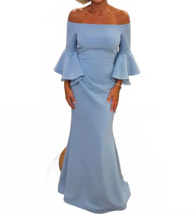 Jovani Scuba Off The Shoulder Bell Sleeves Dress In Light Blue