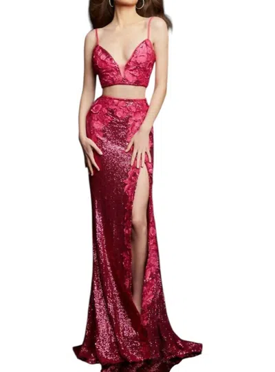 Jovani Sequin & 3d Floral Gown In Raspberry