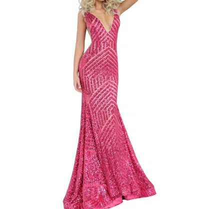 Jovani Sequin Embellished V-neck Dress In Fushia In Multi