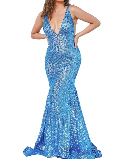 Jovani Sequin Embellished V-neck Dress In Lt. Blue In Multi