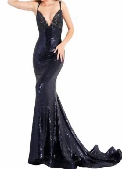 Jovani Sequin Fitted Gown In Navy In Blue