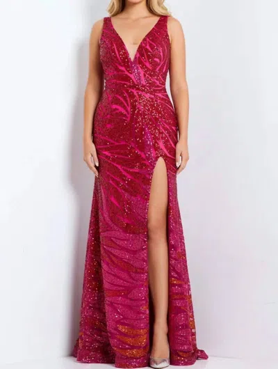 Jovani Sequin Fitted Long Formal Prom Dress In Iridescent Hot Pink In Red
