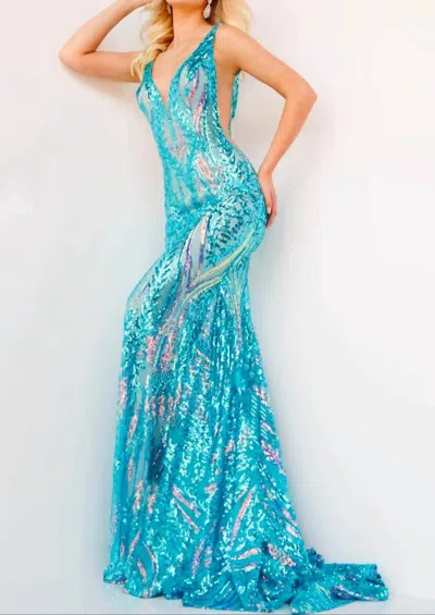 Jovani Sequin Fitted Prom Dress In Iridescent Jade Blue