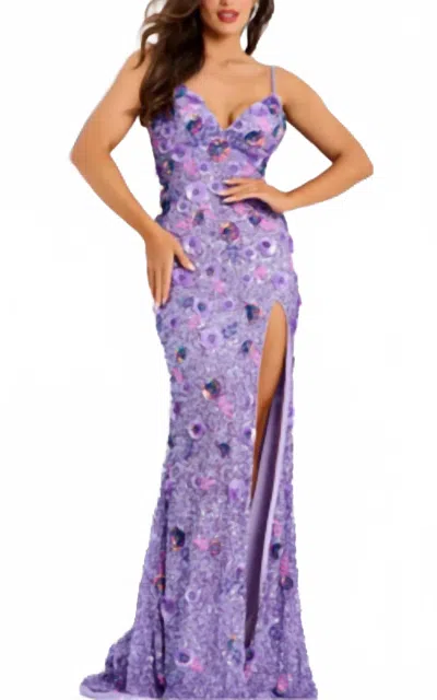 Jovani Sequin Gown With 3d Floral Appliqué In Lilac Multi In Purple