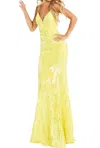 Jovani Sequin Pattern Fitted V-neck Gown In Yellow In Yellow