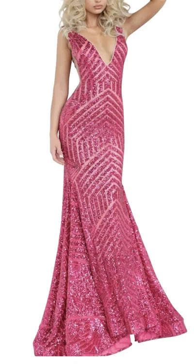 Jovani Sequin Plundge Gown In Fuchsia
