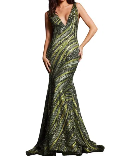 Jovani Sequin Print Fitted Gown In Olive/lime