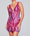 Jovani Sequin Short V-neck Dress In Iridescent Hot Pink