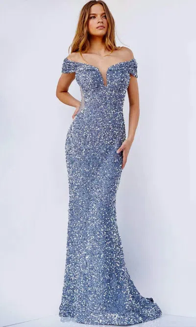 Jovani Sequined Mermaid Prom Dress In Grey In Blue