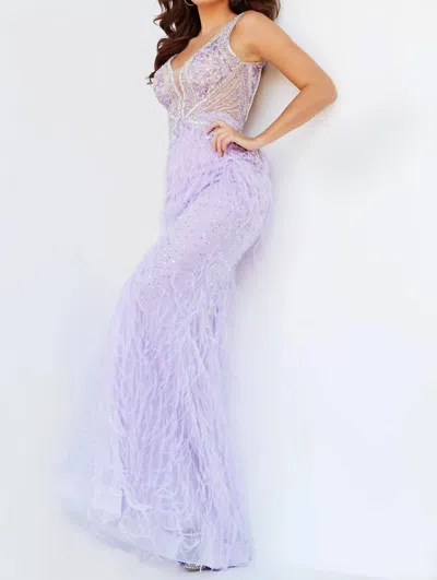 Jovani Sheer Embellished Bodice Feather Dress In Lilac In Blue