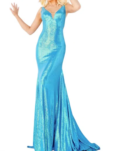 Jovani Plunging Neckline Open V-back Dress In Irredesent Royal In Blue
