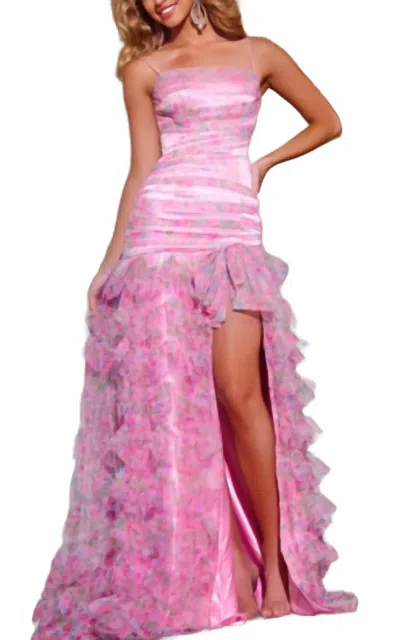 Jovani Sleeveless A-line Gown With Ruffled Overlay In Pink/print