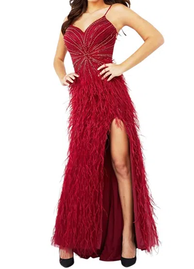 Jovani Sleeveless Beaded Bodice Feather Skirt Dress In Burg In Multi