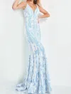 Jovani 60283 Long Formal Floral Applique Prom Sequin Dress In Blue