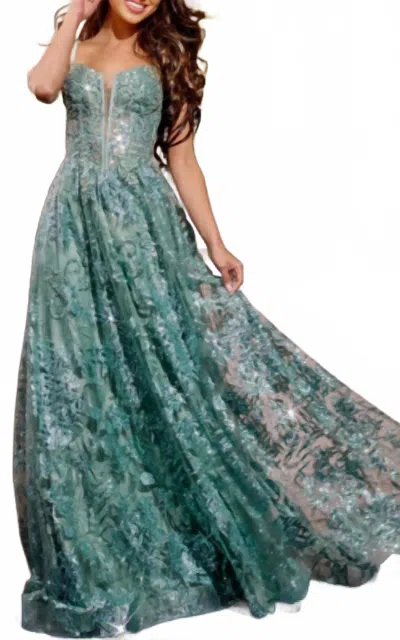 Jovani Spaghetti Strap A-line Gown With Embellished Bodice In Sage In Green
