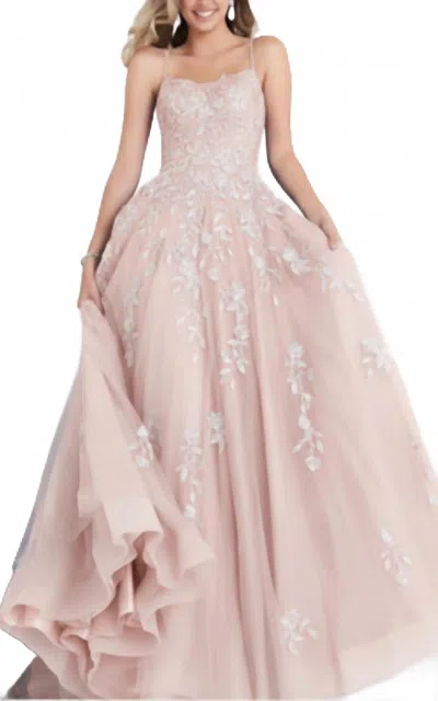 Jovani Spaghetti Strap Embroidered Prom Gown In Blush In Pink