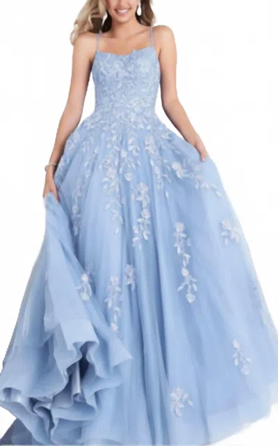 Jovani Spaghetti Strap Embroidered Prom Gown In Light Blue
