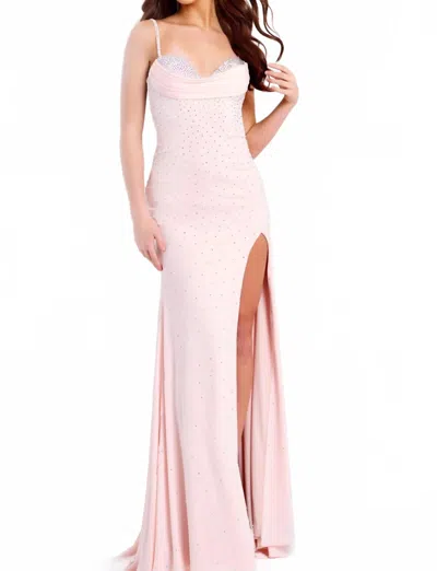 Jovani Spaghetti Strap Peek-a-boo Neckline Hot Fix Dress In Blush In Pink