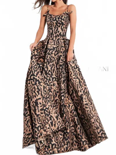 Jovani Spaghetti Strap Prom Gown In Cheetah In Brown