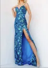 Jovani Spaghetti Strap Sequin Embellished Gown In Blue In Blue