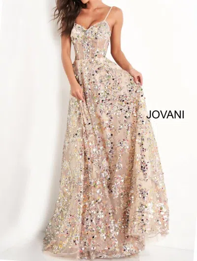 Jovani Spaghetti Strap Sweetheart Neck Evening Dress In Gold