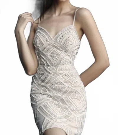 Jovani Spaghetti Straps Beaded Dress In Nude In Neutral