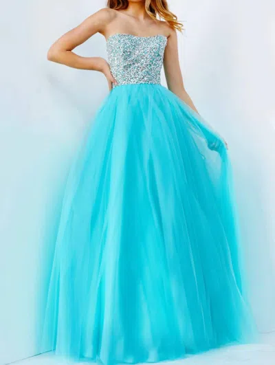Jovani Strapless Adorned Tulle Ballgown In Aqua In Blue