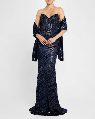 Jovani Strapless Beaded Gown With Sash In Navy