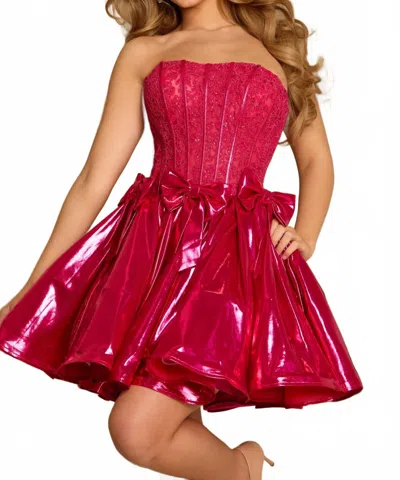 Jovani Strapless Corset Mini Dress With Glossy Bow Detail Skirt In Fuchsia In Pink