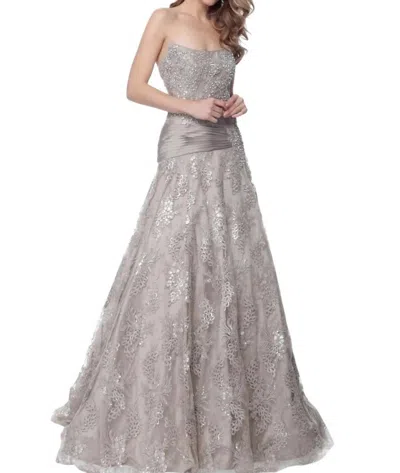 Jovani Strapless Embellished A Line Evening Gown In Taupe In Grey