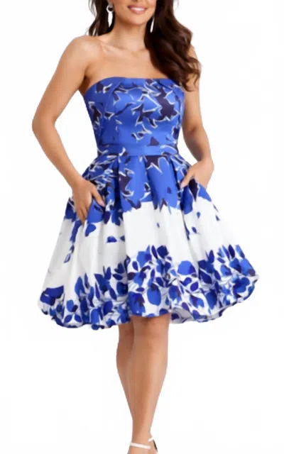 Jovani Strapless Floral A-line Dress With Pleated Skirt In Blue White Floral In Multi