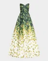 Jovani Strapless Floral-print Ball Gown With Shawl In Green