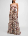 JOVANI STRAPLESS FLORAL-PRINT RUFFLE GOWN