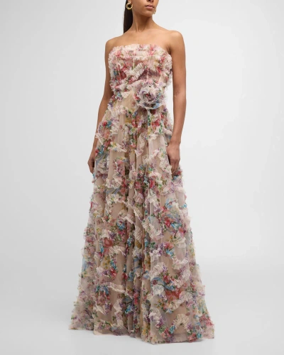 Jovani Strapless Floral-print Ruffle Gown In Multi