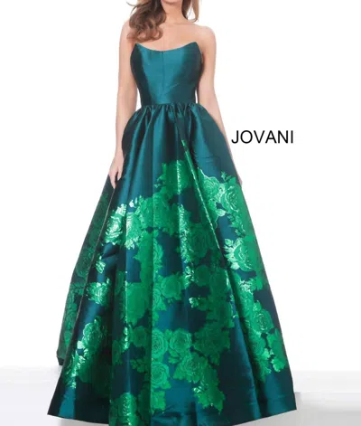 Jovani Strapless Floral Prom Gown In Green In Multi