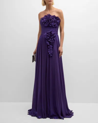 Jovani Strapless Flower-embellished Gown In Purple