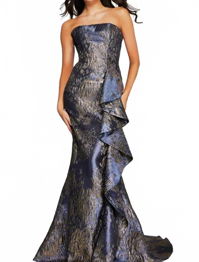 Jovani Strapless Gown With Cascading Ruffle In Grey/gold In Multi