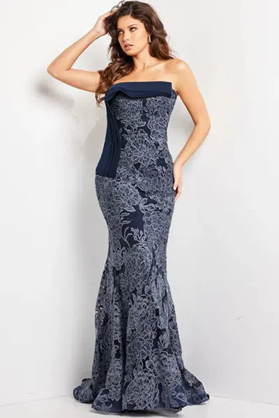 Jovani Strapless Gown With Embellished Lace In Blue